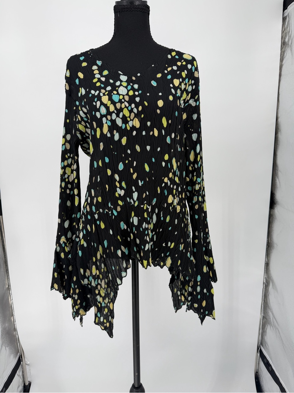 Boho crinkle polka dot tunic on black handkerchief trim and bell sleeves